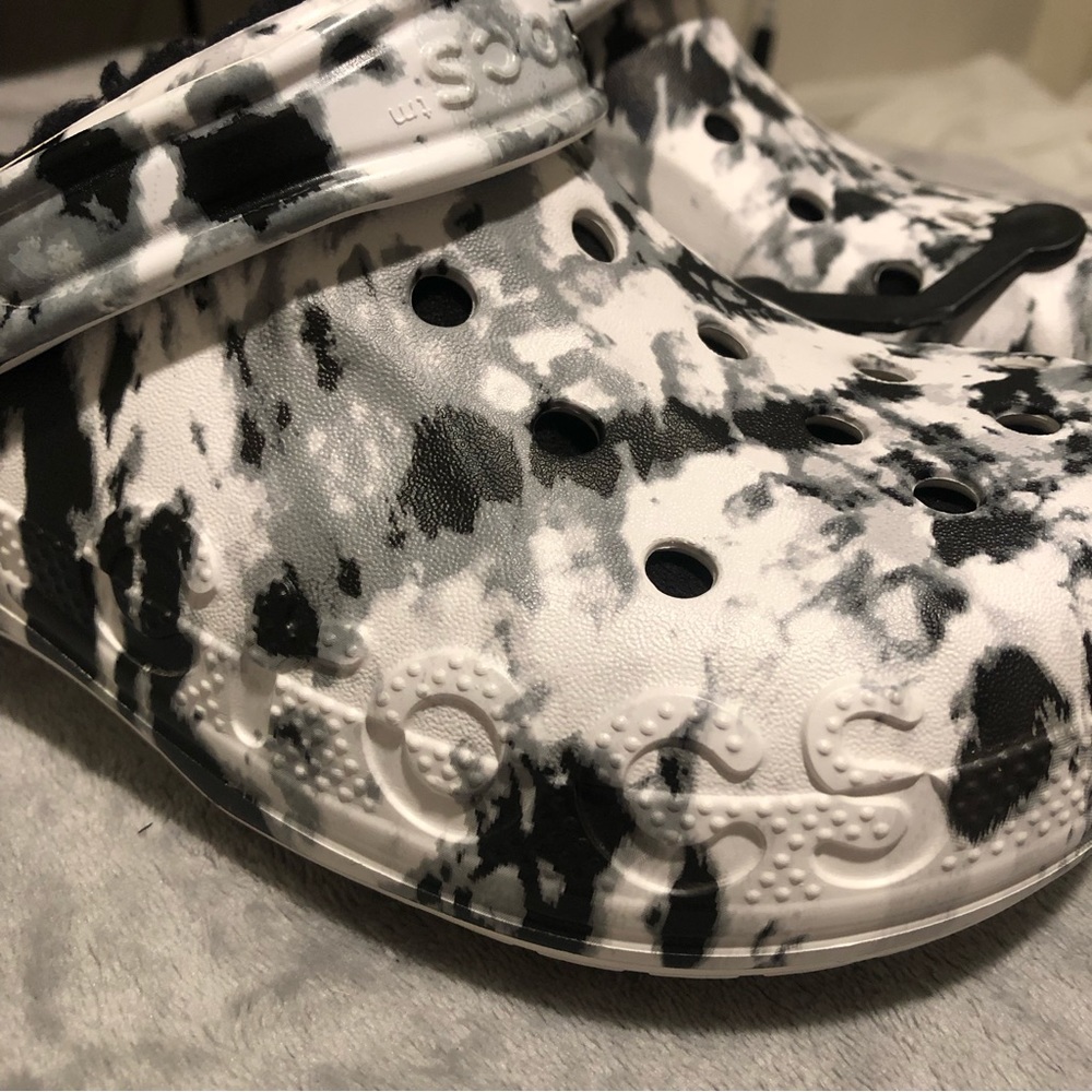Discontinued black and white bleach fleece lined crocs